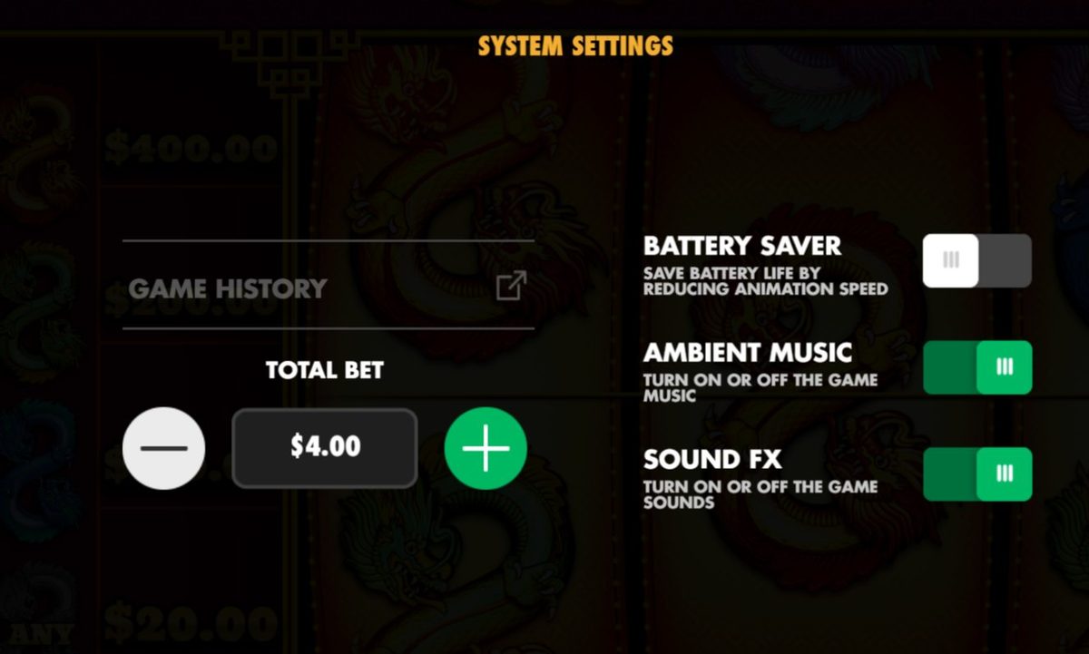 888 Dragons system settings menu showing total bet $4.00, ambient music, sound FX, and battery saver toggles
