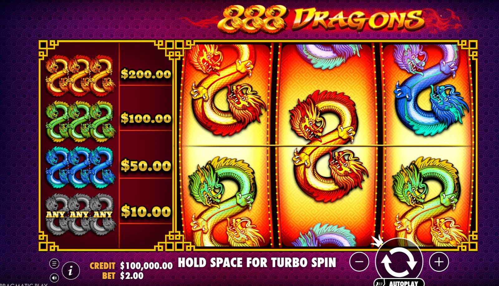888 Dragons slot main gameplay screen showing 3x3 reels, paytable with $200/$100/$50/$10 values, and bet controls