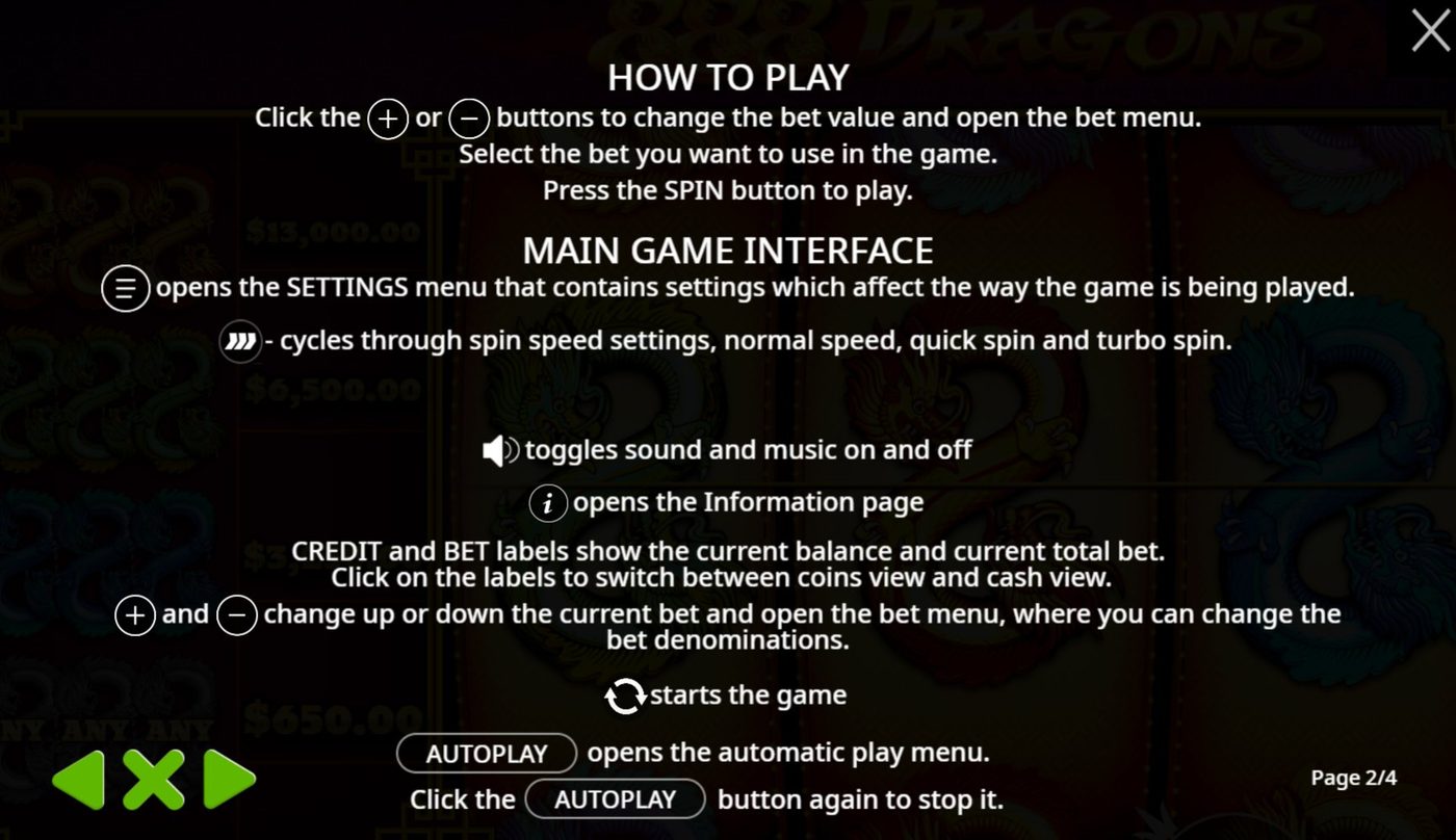 888 Dragons How to Play screen describing the main game interface — settings menu, spin speed, sound toggle, info page, credit and bet labels, plus and minus buttons, spin button, and autoplay — with no mention of any bonus or free spins feature