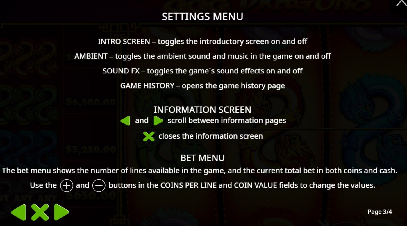 888 Dragons settings menu information page describing intro screen, ambient sound, sound FX, game history, and bet menu options — documented during hands-on testing